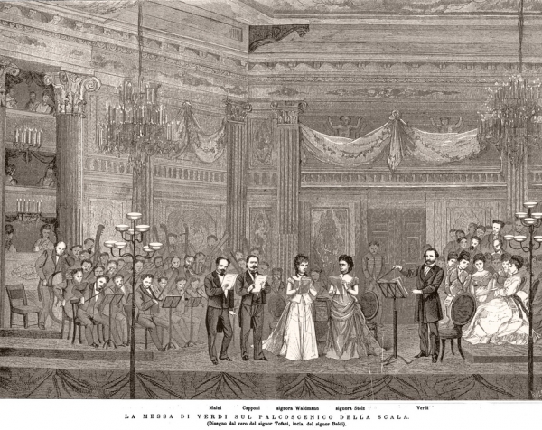 The second performance of “Requiem”, at La Scala on 25 May 1874, with Verdi conducting. The soloists depicted are (from left to right) Ormondo Maini, Giuseppe Capponi, Maria Waldmann and Teresa Stolz.